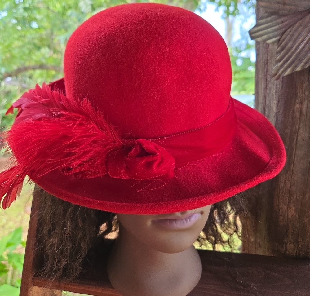 Vintage Red Felt Wool Hat With Velvet Ribbon And Feather Accent Above Brim